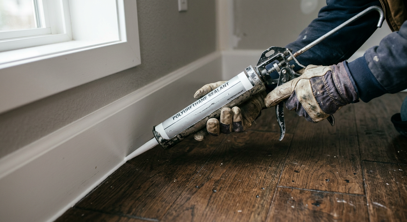 A close-up of new baseboard trim being professionally caulked in a high-end Woodinville, WA home.