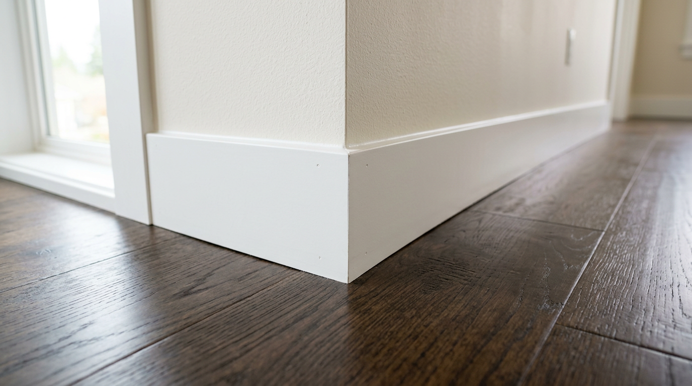 Close-up of newly installed white baseboard trim and a perfect caulk line in a Seattle, WA home.