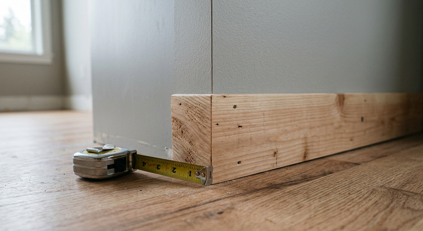 Close-up of a perfect miter joint on new baseboard trim being installed in a Seattle, WA home.