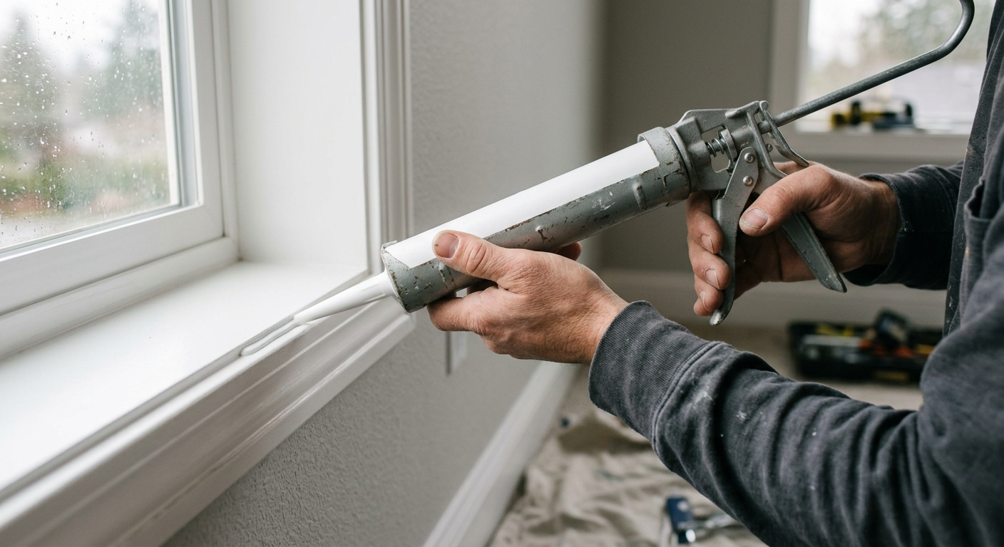 Close-up of a professional handyman applying caulk to new window trim in a Woodinville, WA home.