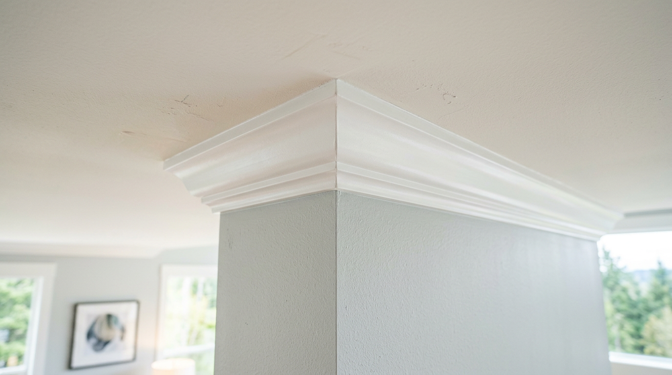 Clean, white crown molding in a Woodinville WA home after professional installation.