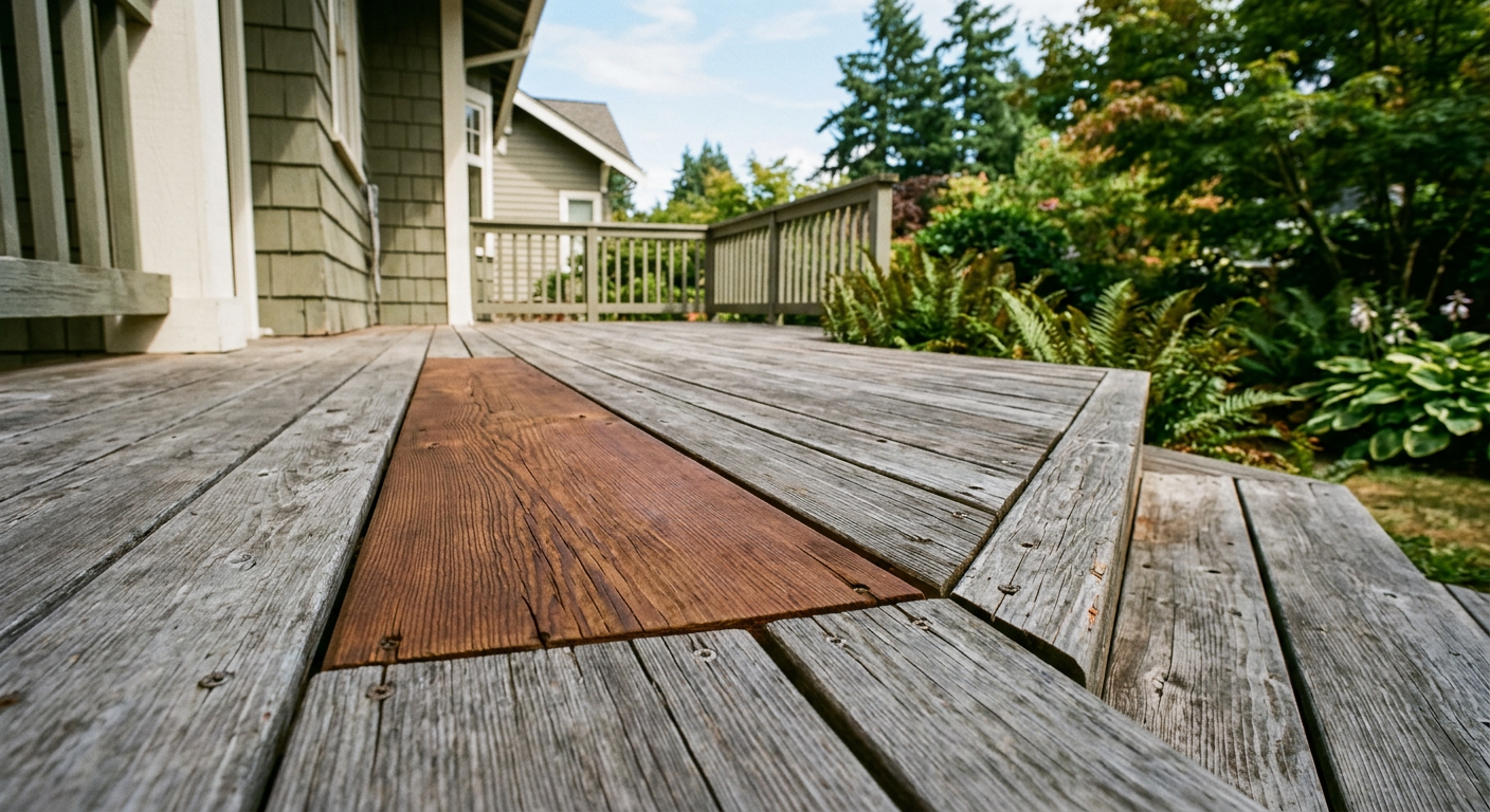 Close-up of a repaired deck board on a home in Seattle, showing the value of professional handyman services.