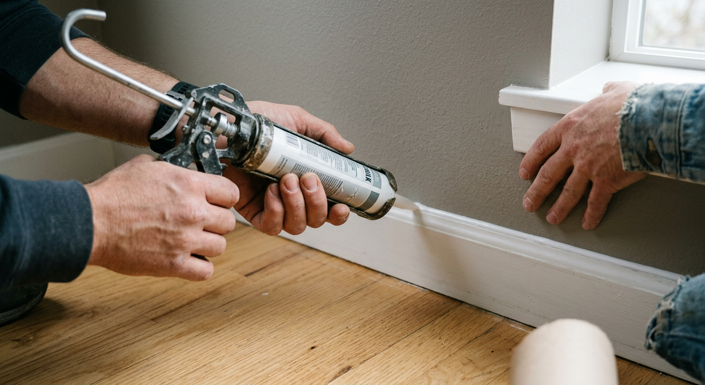 Professional handyman applying caulk to new baseboard trim during a home repair project in Issaquah, WA.