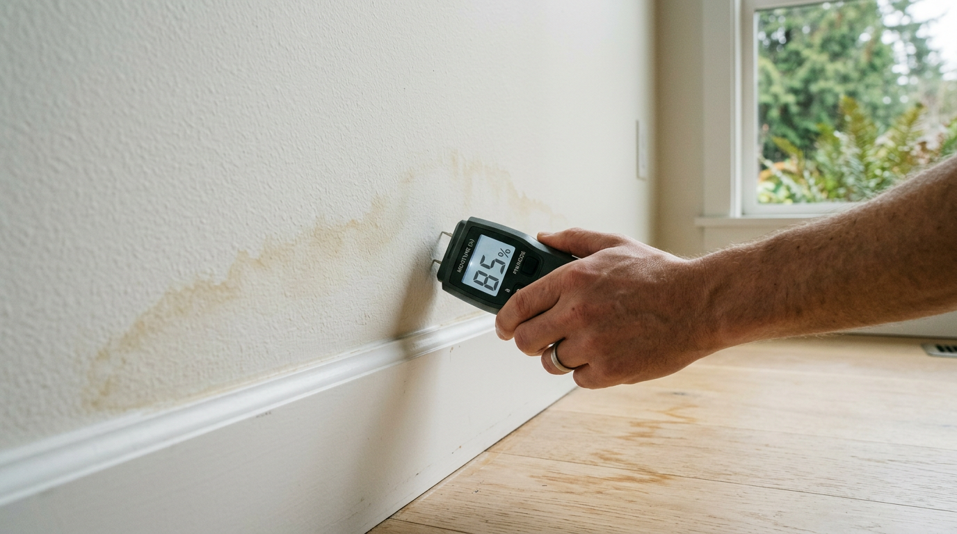 A hand holding a moisture meter against a wall showing signs of water damage in a Bothell, WA home.
