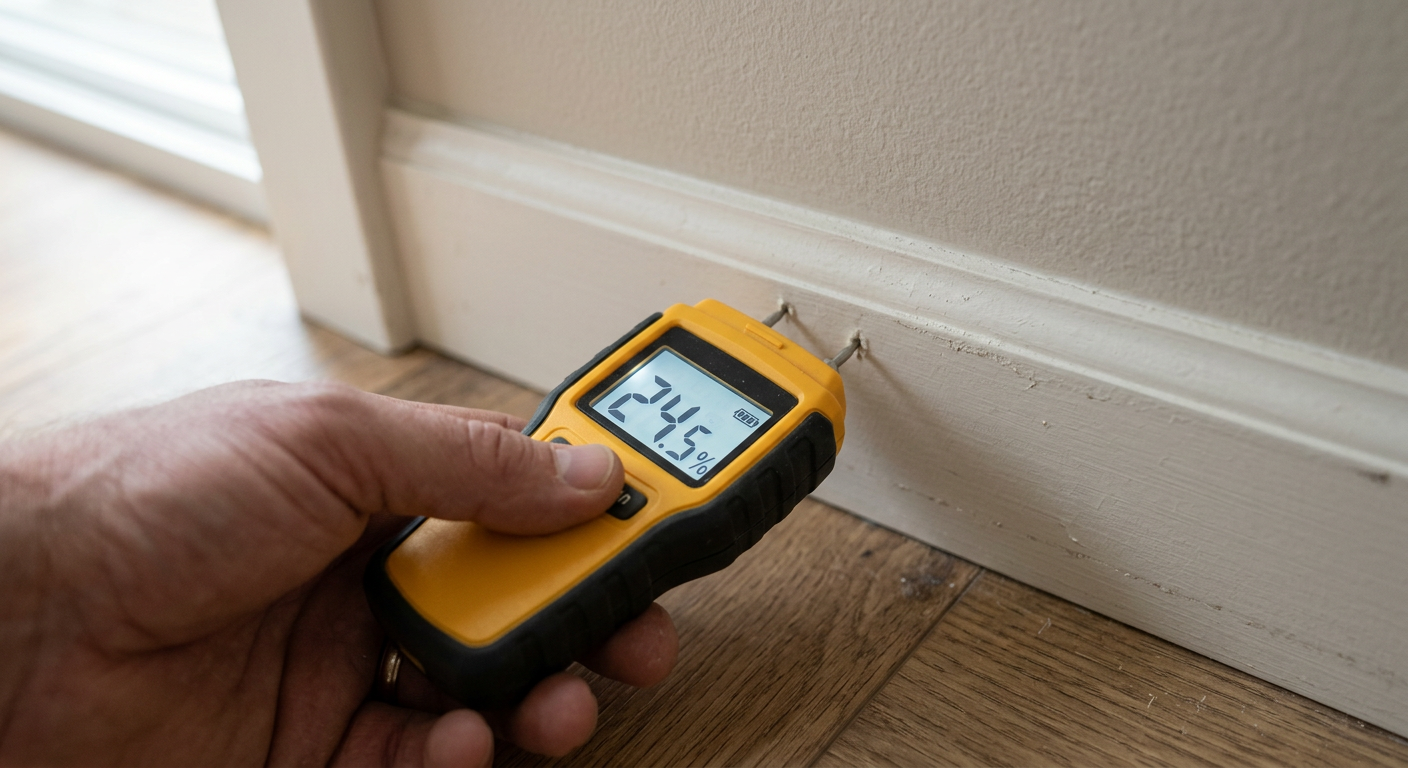 A professional using a moisture meter to check for water damage behind a baseboard in a Bothell, WA home.
