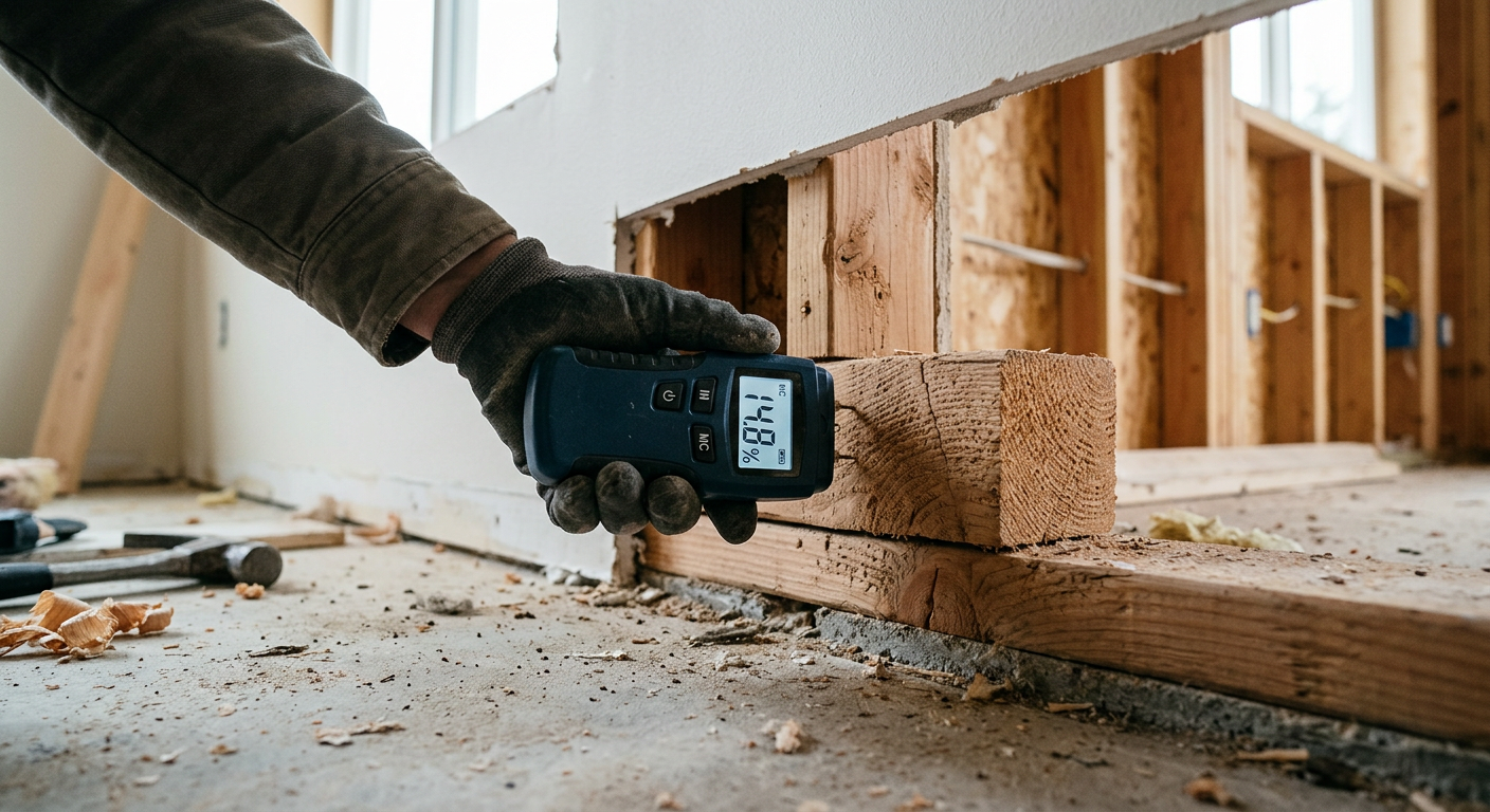 Moisture meter testing exposed Douglas-fir wall framing during water damage response in a Bothell WA home