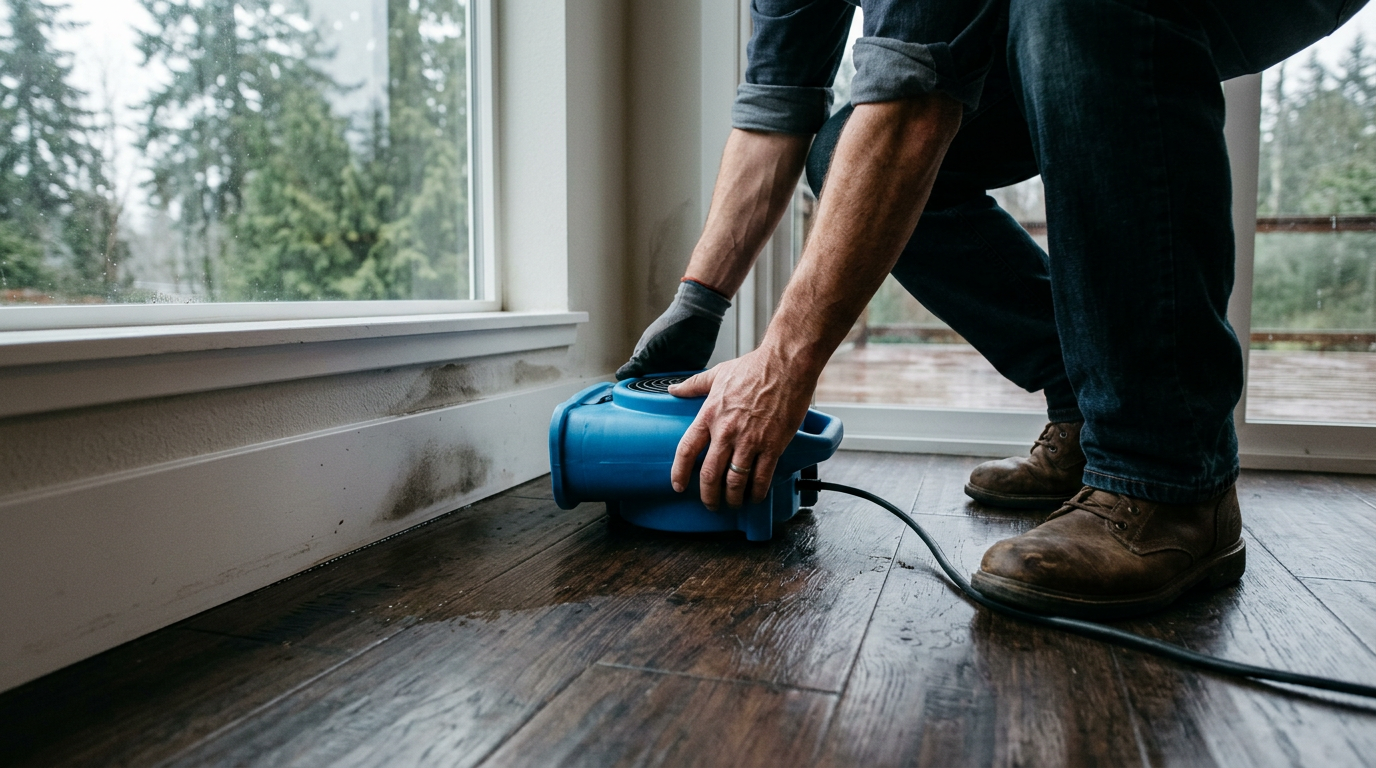 A professional setting up drying equipment for a water damage response in an Issaquah, WA home.