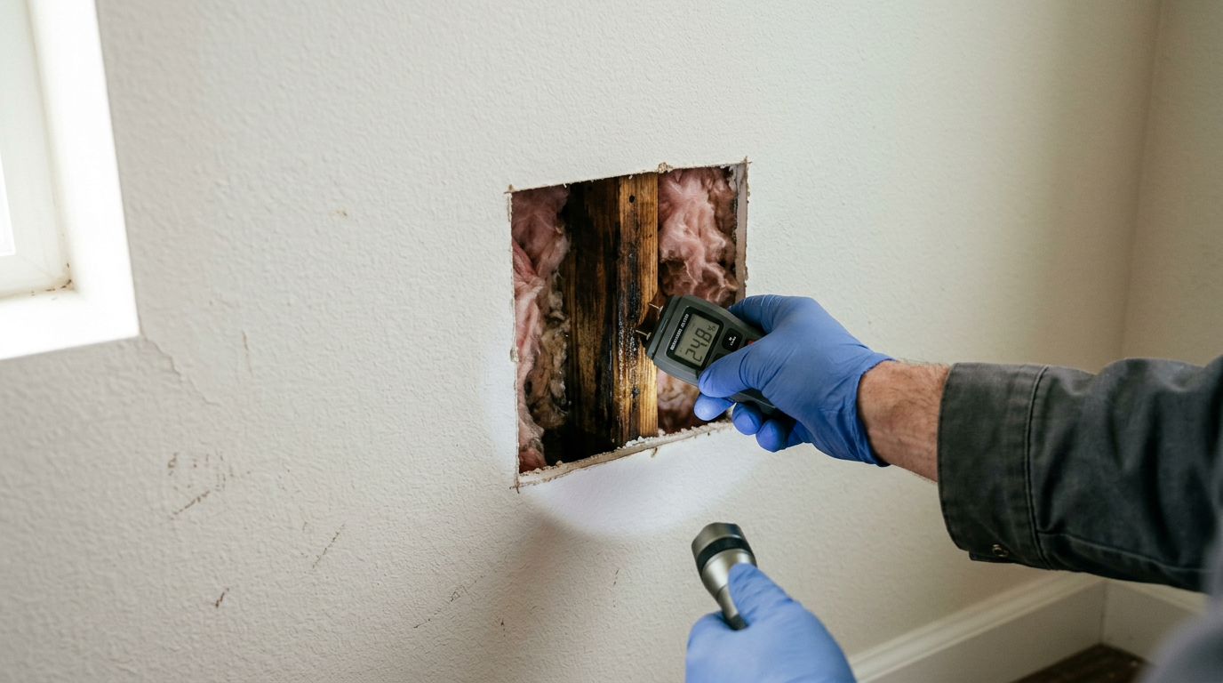 Using a moisture meter to assess water damage inside a wall in a Marysville, WA home.