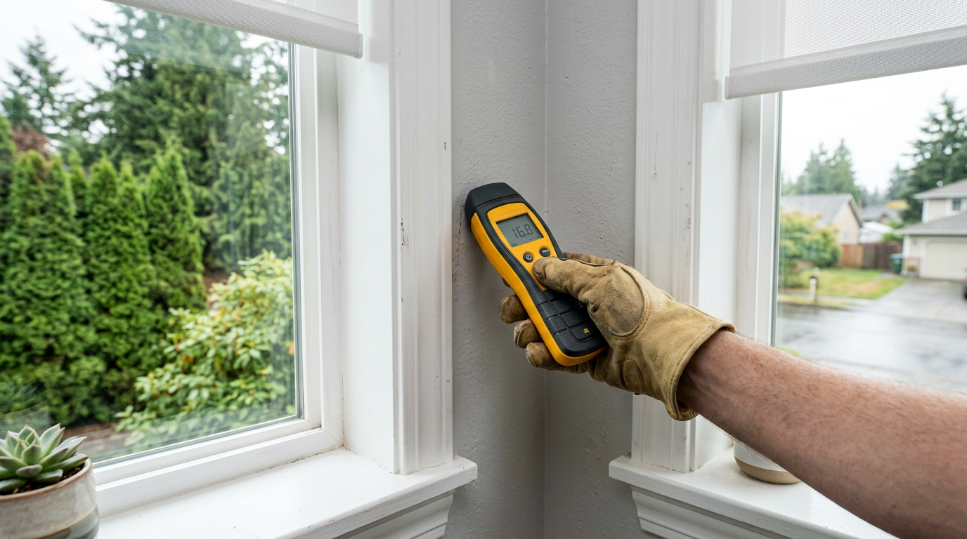 A professional using a moisture meter to assess for water damage in a Mountlake Terrace, WA home.