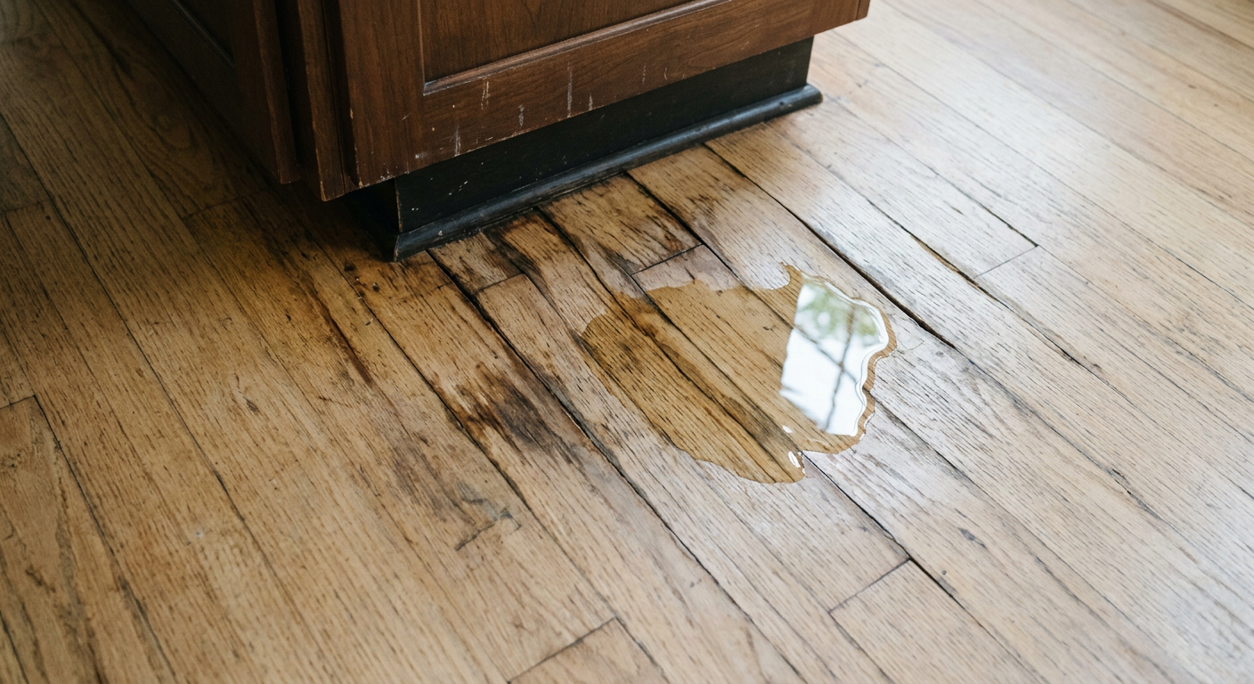 Water damage on a hardwood floor in a Woodinville, WA home, showing the importance of a quick response.