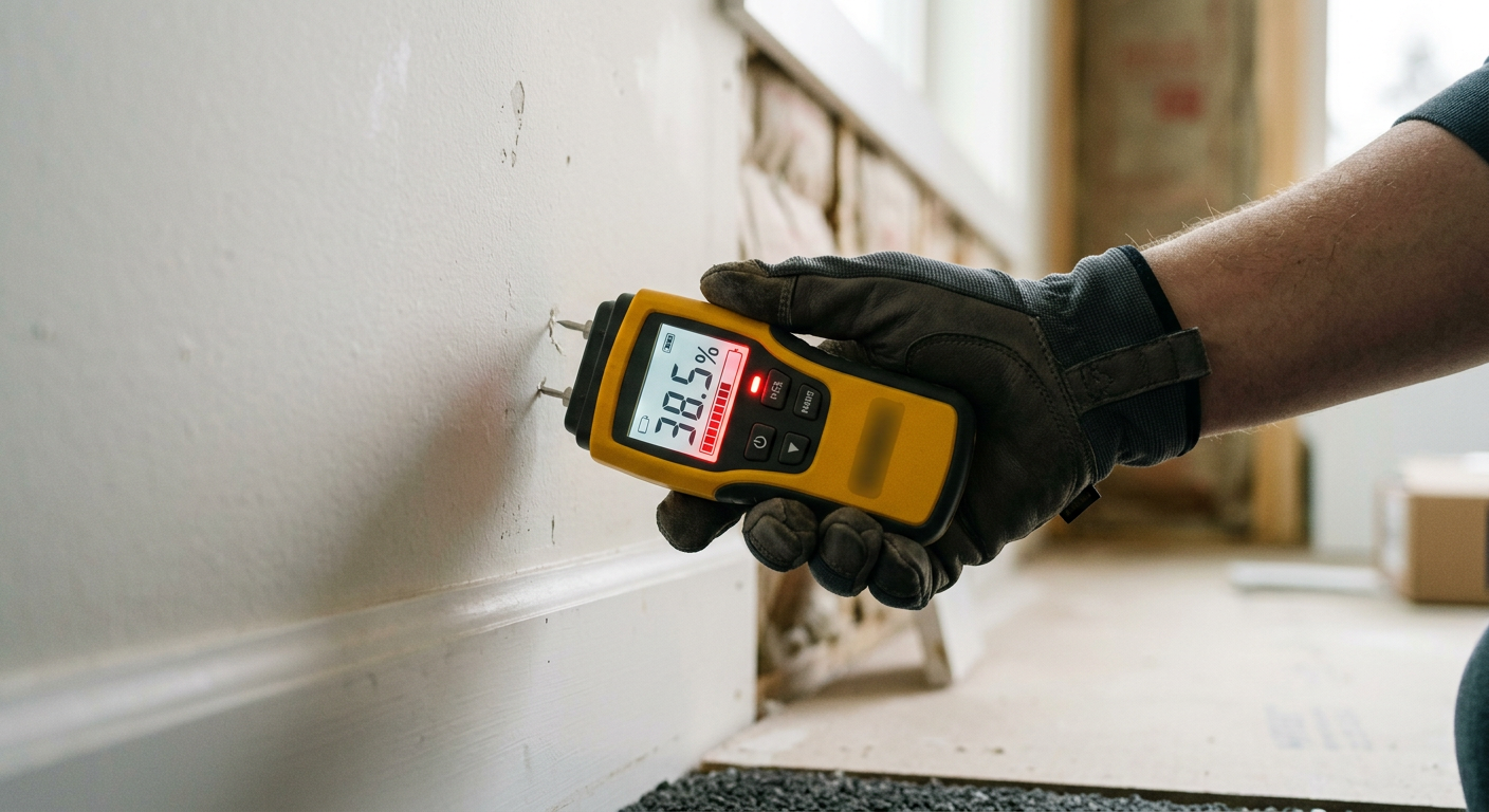 Using a moisture meter to check for water damage in drywall in a Woodinville, WA home.