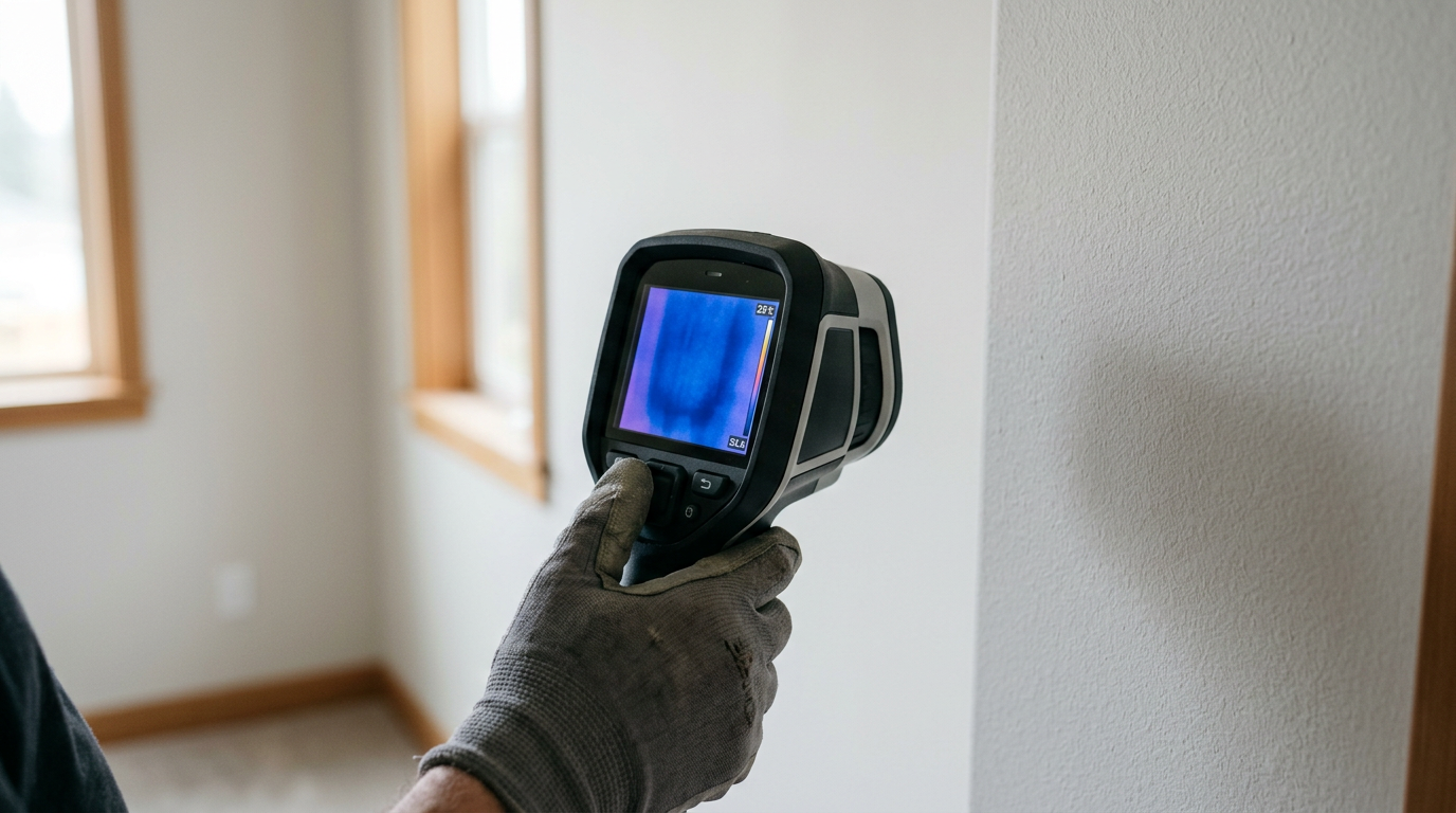 Using a thermal camera to check for hidden moisture during a water damage response assessment in an Issaquah, WA home.