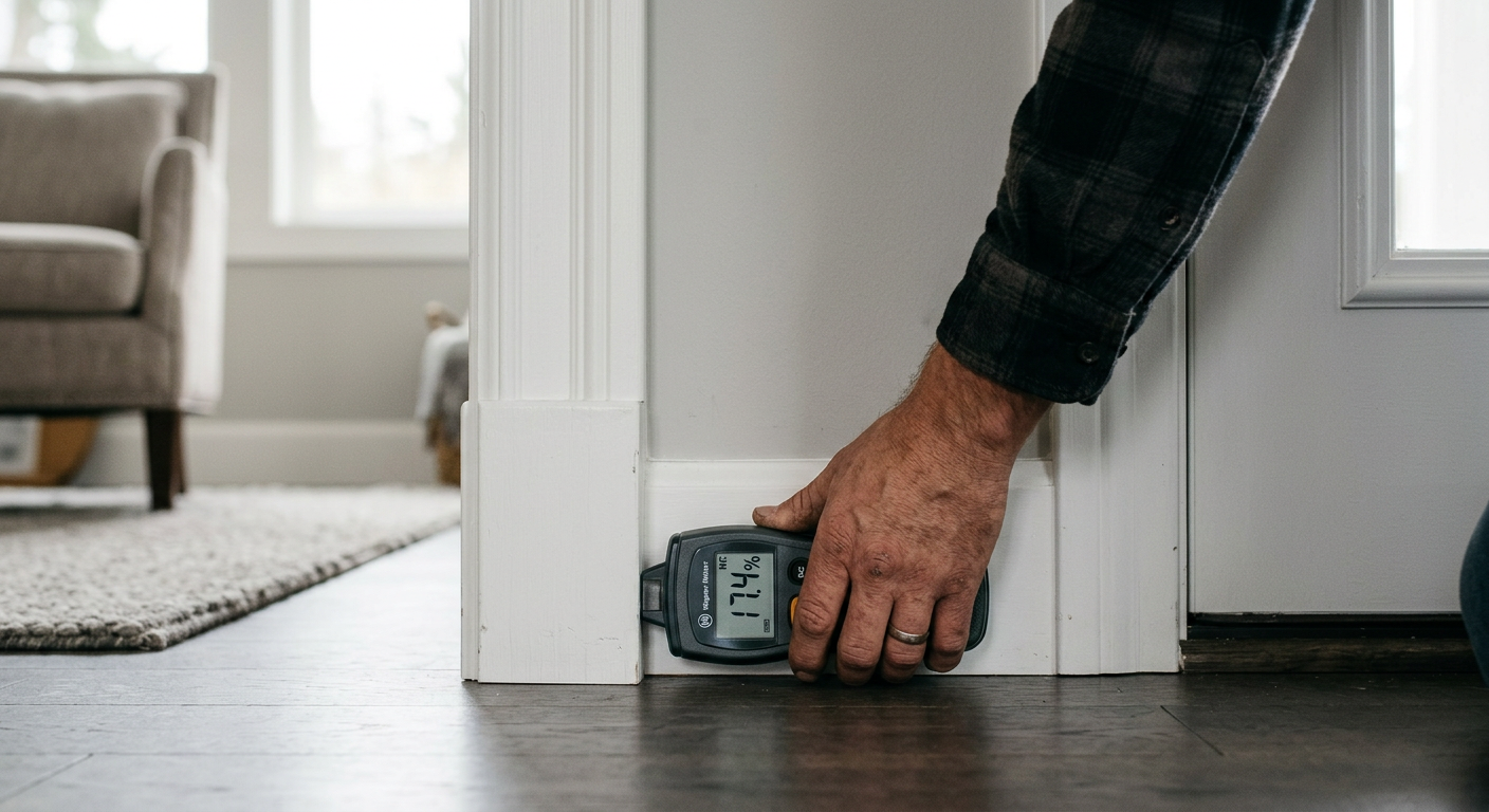 Using a moisture meter to check for water damage in a baseboard in an Issaquah, WA home.