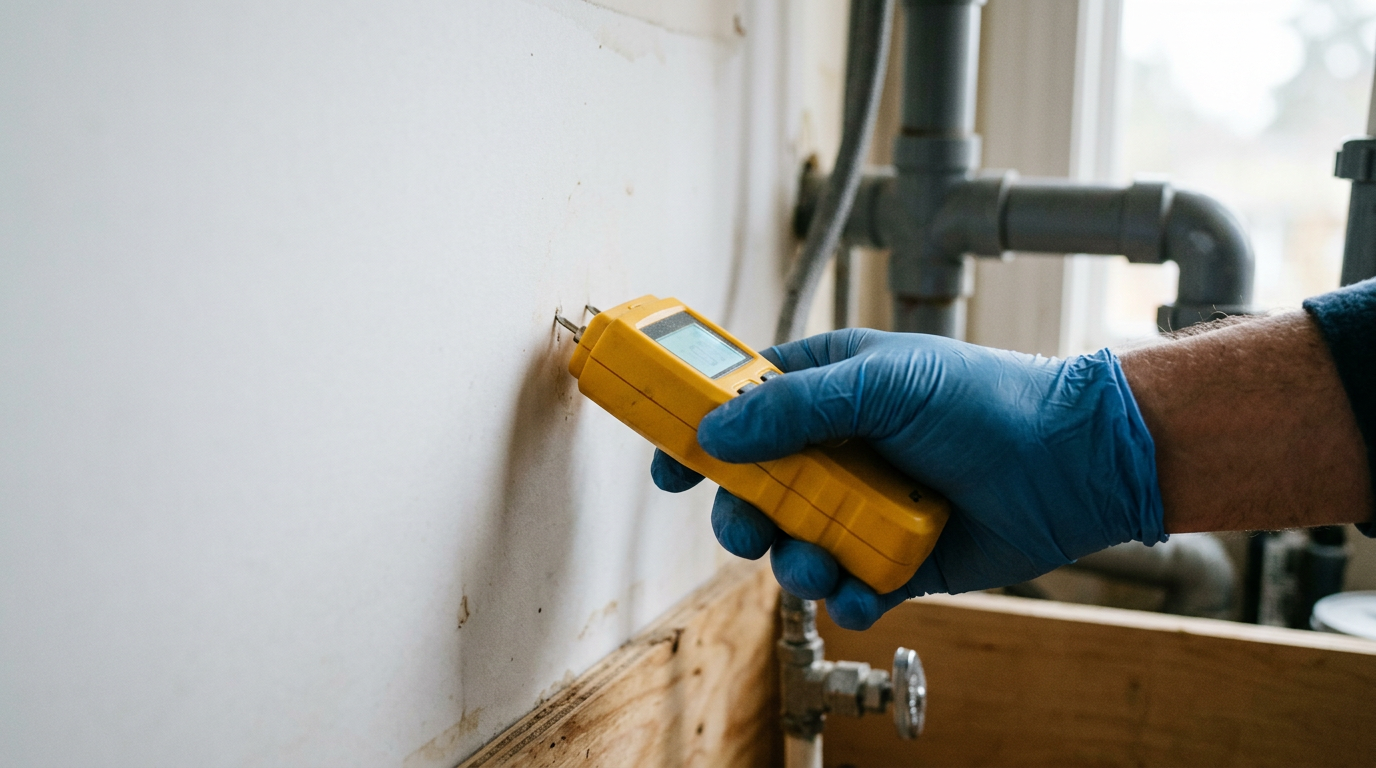 Using a moisture meter to check for hidden water damage in an Issaquah home during a water damage response assessment.