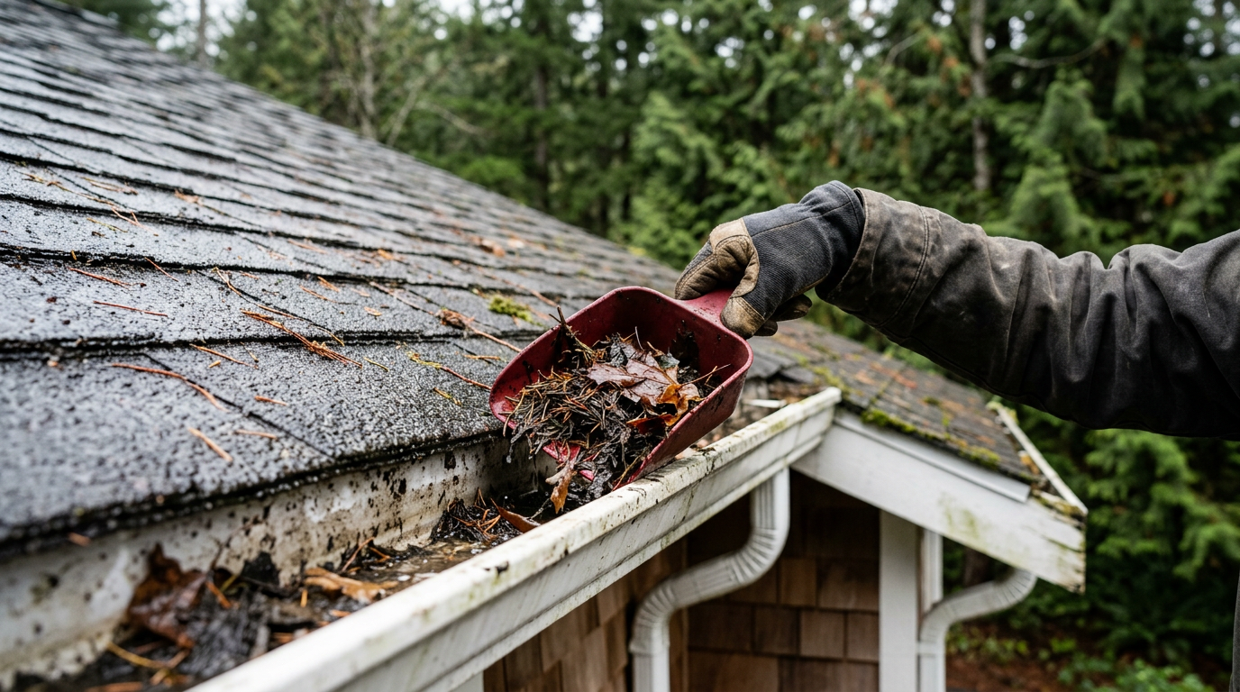 Clearing wet fir needles from a gutter as part of fall water damage prevention in Lake Forest Park, WA.