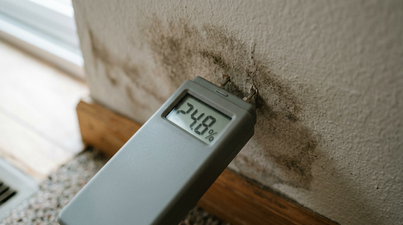 Using a moisture meter to assess wet drywall during a water damage response job in Lake Forest Park, WA.