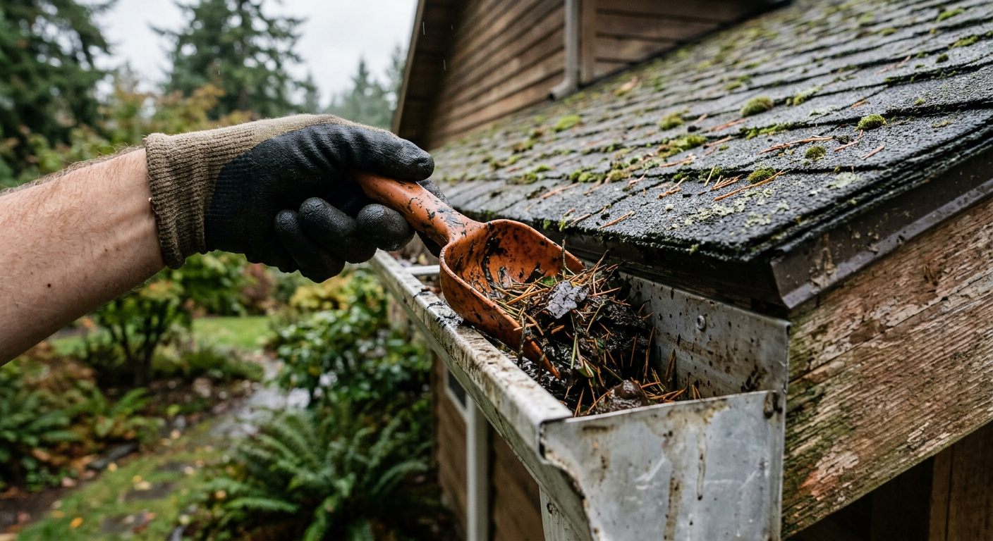 Gloved hand cleaning wet fir needles from a gutter as part of fall water damage response prep in Lake Forest Park.