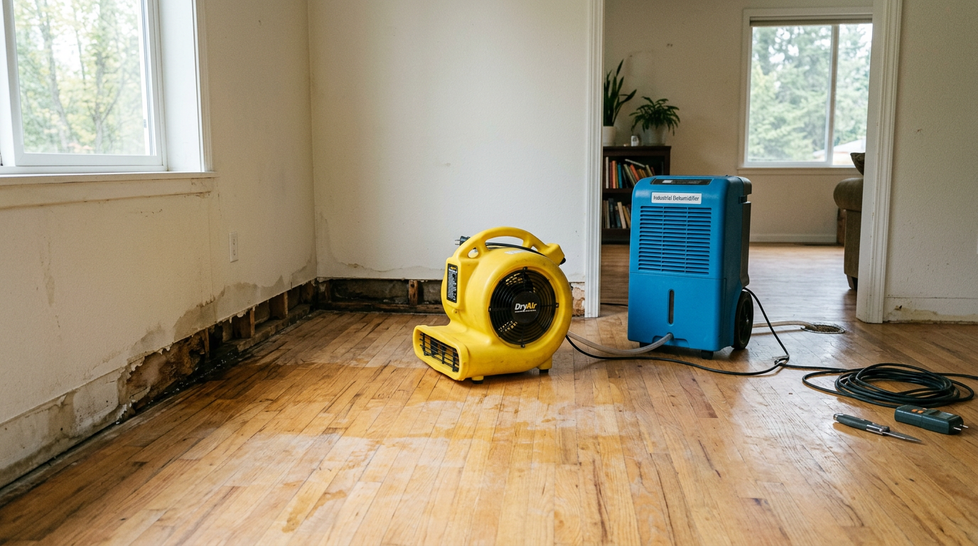 Professional water damage response equipment drying a wall in a Lake Forest Park home.