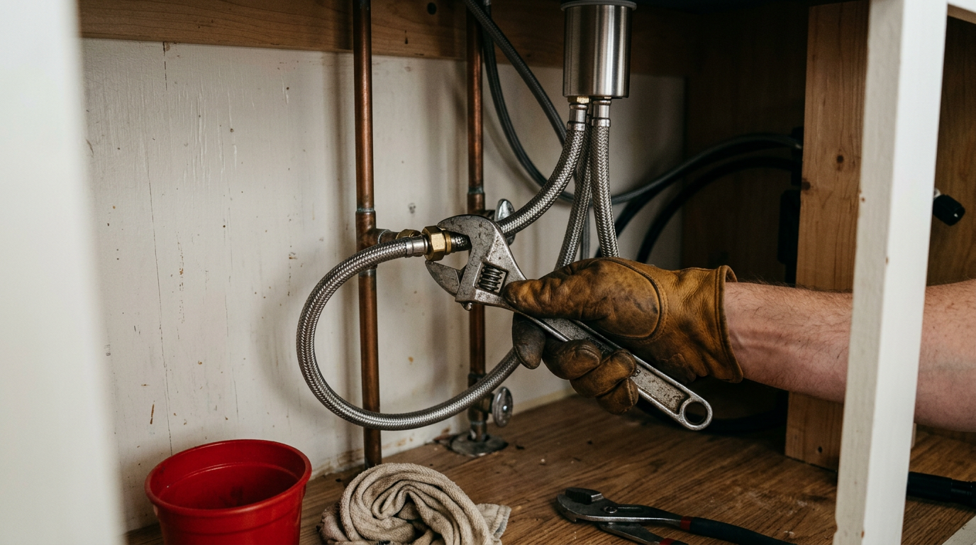 A professional handyman performs water damage response plumbing repair in a Marysville home.