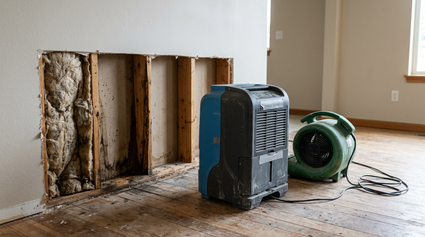 Professionally cut section of a damp wall in Marysville showing the start of a proper water damage response.