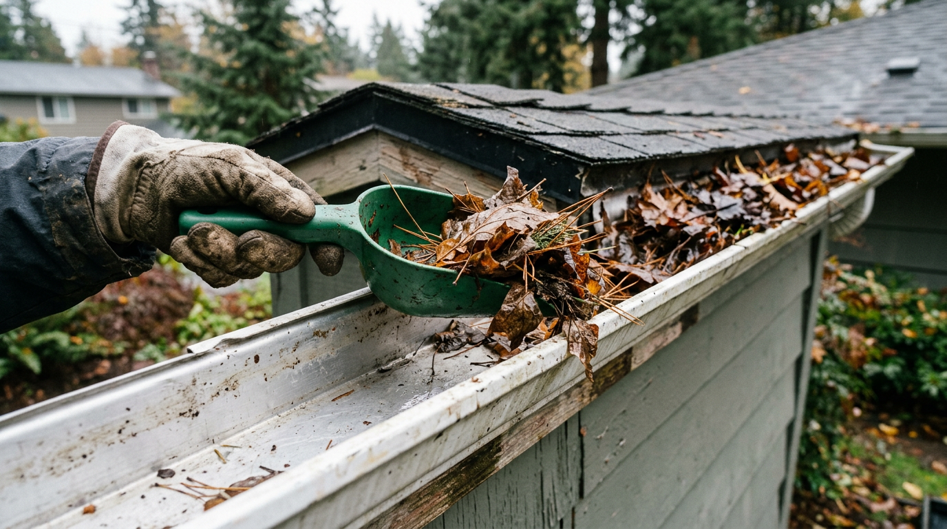 Gloved hand clearing leaves from a gutter as part of fall water damage prevention in Marysville, WA.