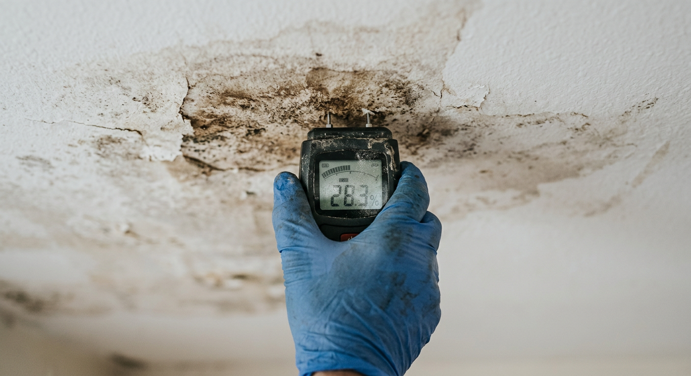 Using a moisture meter to assess water damage in a Mountlake Terrace home's ceiling.