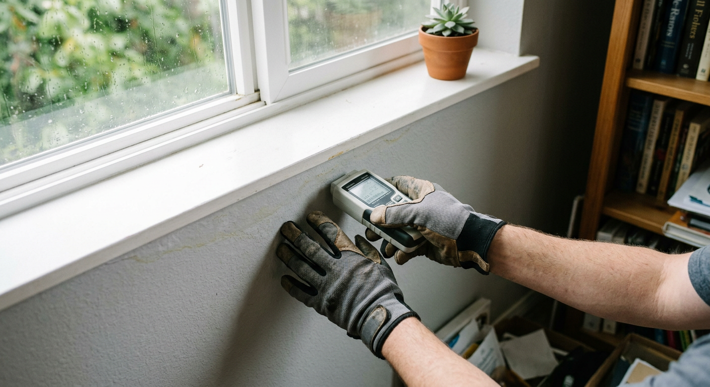 Using a moisture meter to check for water damage in a Mountlake Terrace home's wall.