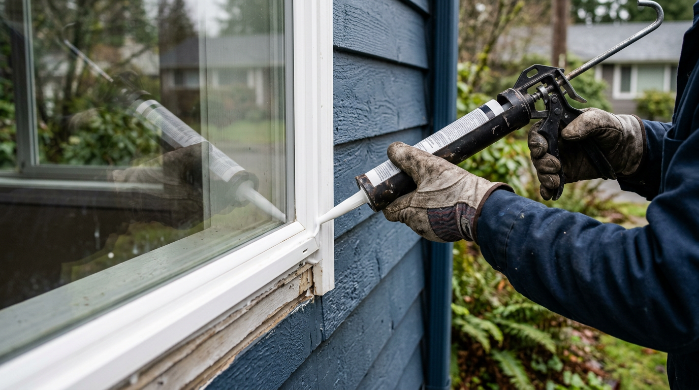 Applying fresh window caulk as part of a water damage response plan for a home in Mountlake Terrace.