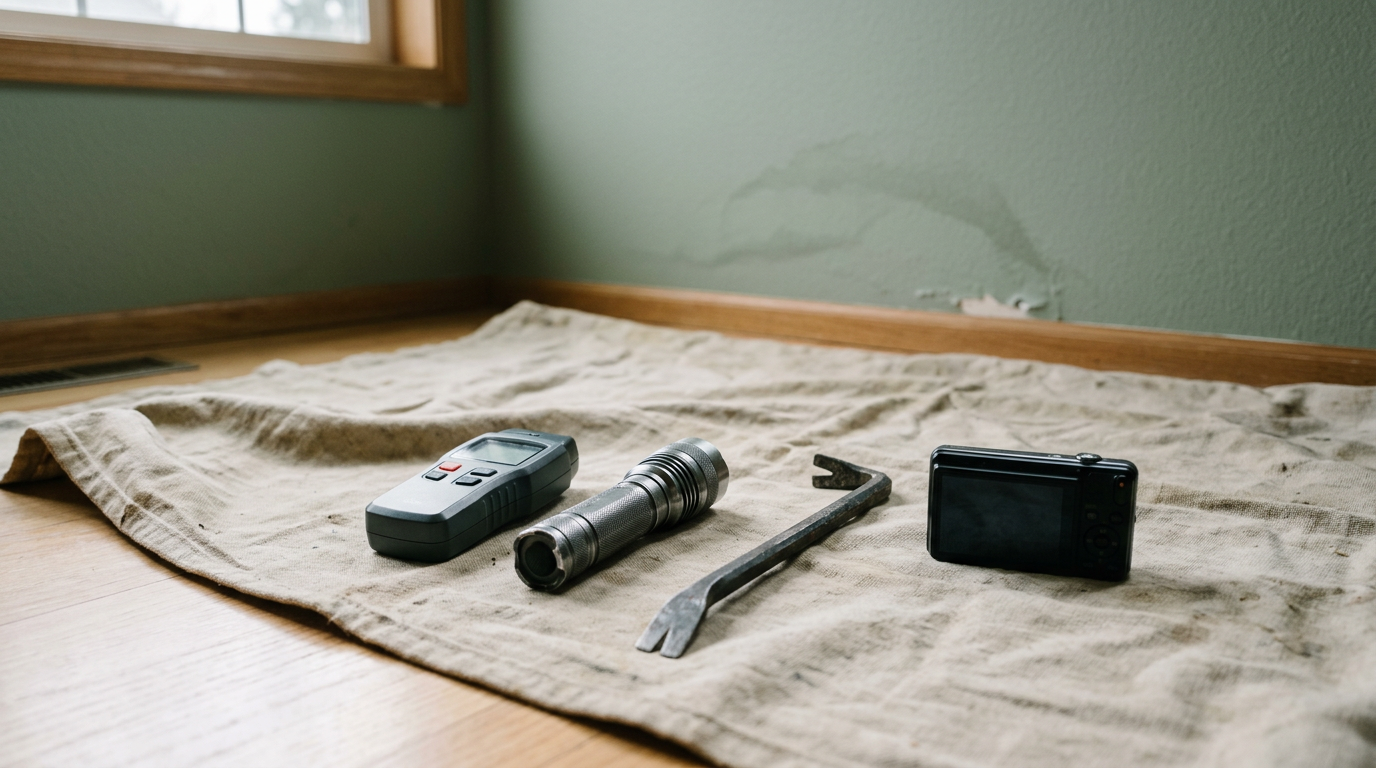 A professional's tool kit for a water damage response assessment in a Bothell, WA home.