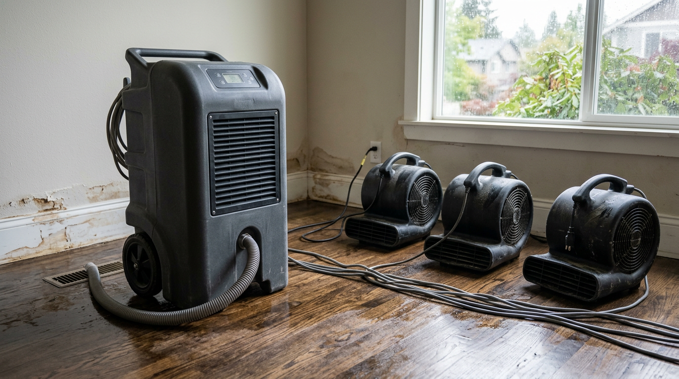Professional water damage response equipment drying a hardwood floor in a Seattle, WA home.