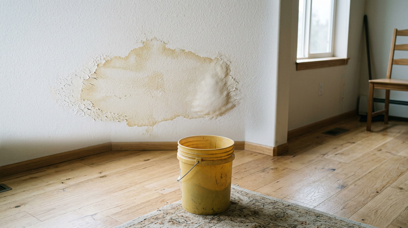 A water stain on the ceiling of a Seattle home, with a bucket below to catch drips during a water damage response.