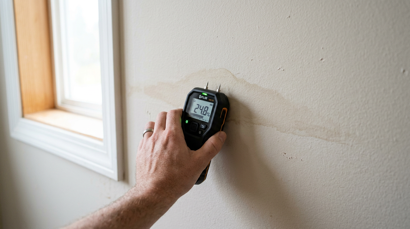 Using a moisture meter to assess water damage response needs in a Woodinville, WA home.