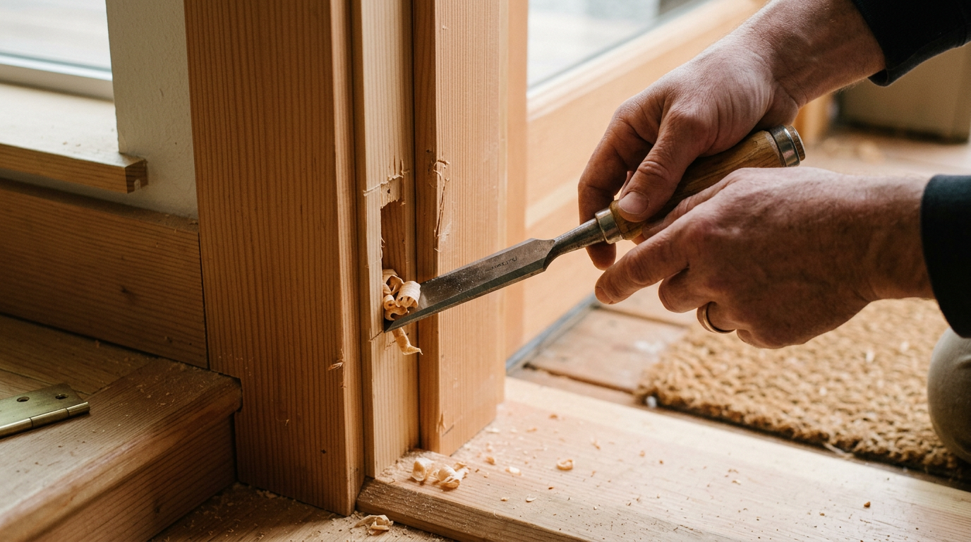 A carpenter chisels a hinge mortise for a new door installation in a West Seattle home.