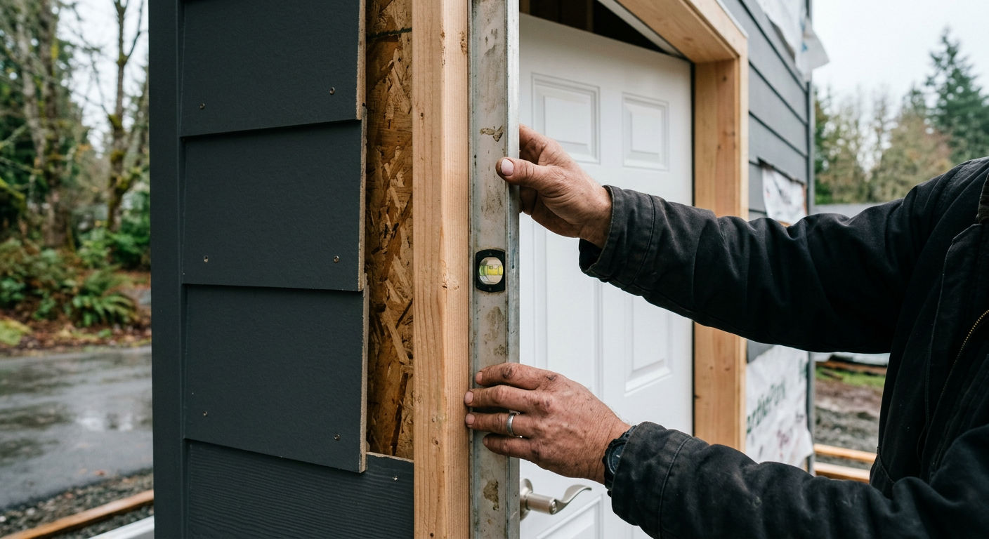 A contractor checks the level of a new exterior door installation in a West Seattle home.