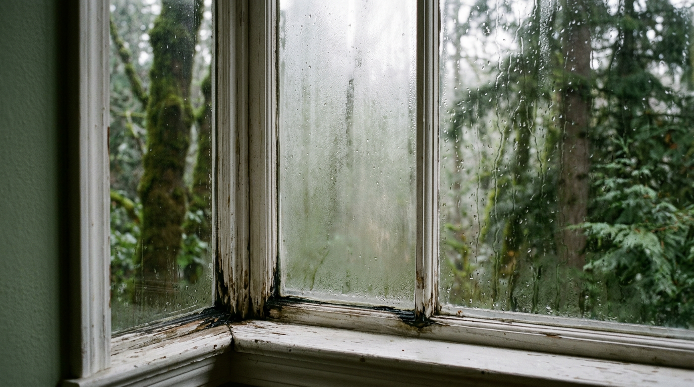 A foggy double-pane window with seal failure in an Edmonds home, showing the need for window repair before the rainy season.