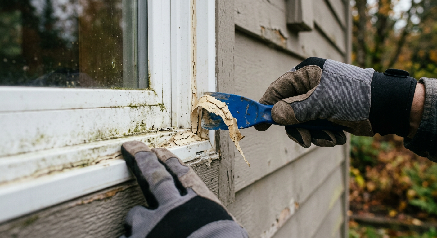 Hands in gloves carefully repairing a window seal on a home in Everett, WA.