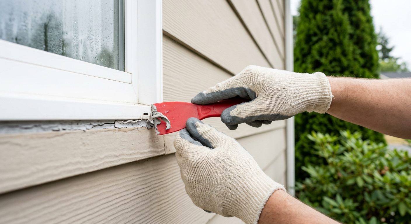 Handyman performing a window repair on a home in Mill Creek, WA by removing old caulk.