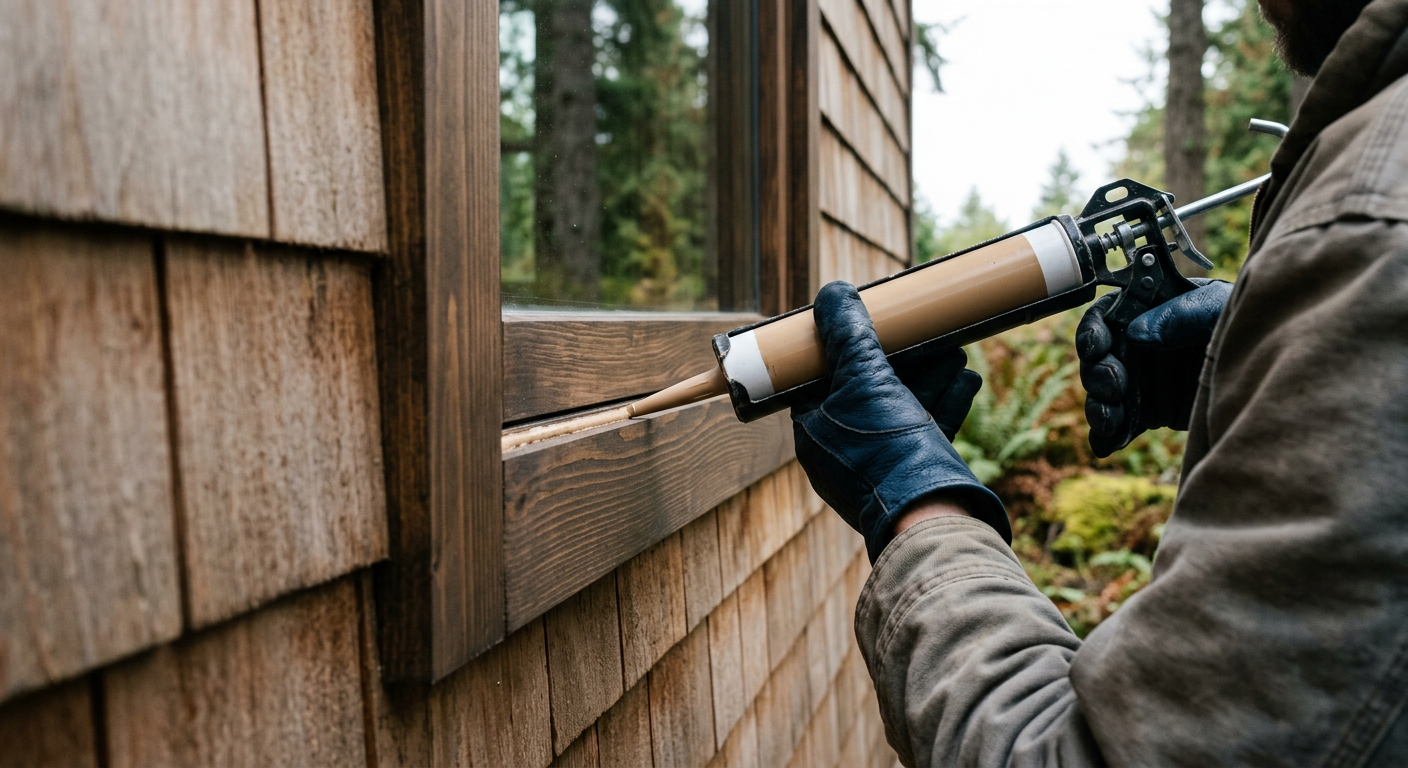 Applying new exterior caulk sealant during a window repair on a Hunts Point, WA home.