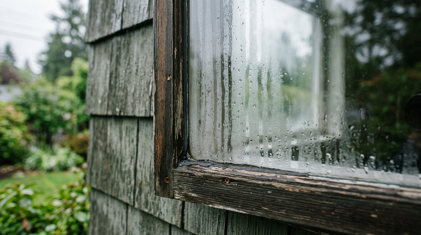 A foggy double-pane window with a failed seal, a common window repair needed in Edmonds, WA.