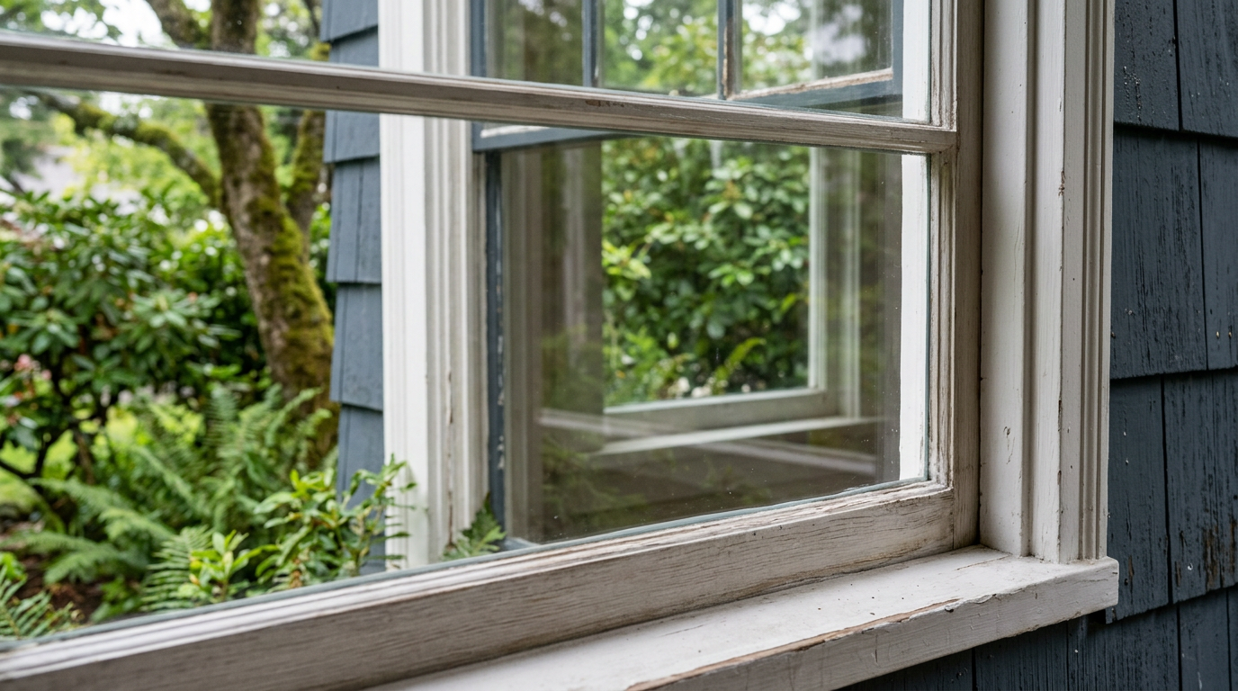 A clear, newly repaired window in an Edmonds home, free of fog and condensation, looking out onto a green yard.