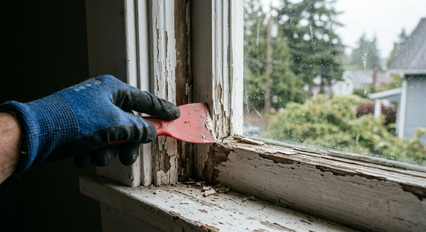 A close-up of a window sash getting repaired in Everett, WA, showing a focus on window seal maintenance.