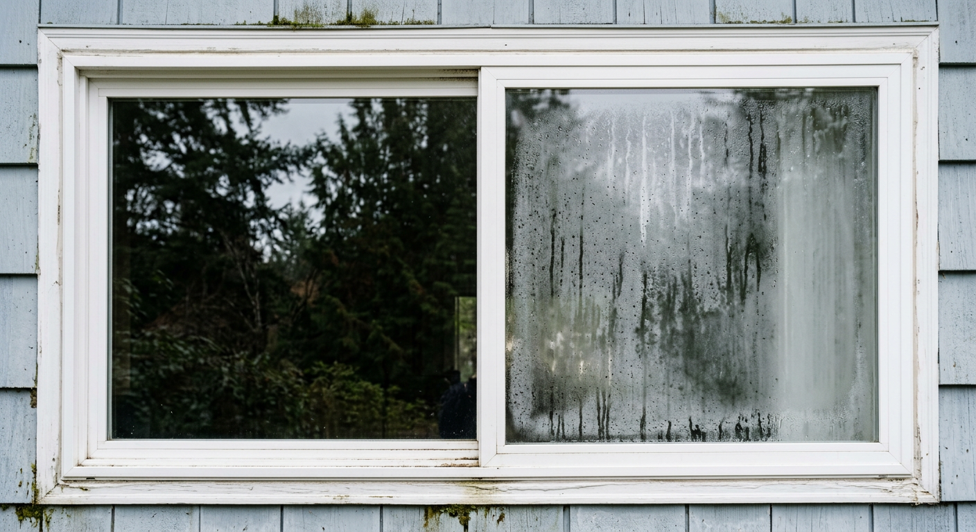 A double-pane window with a failed seal causing fogginess, a common window repair needed in Everett, WA homes.