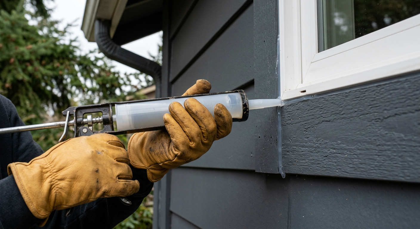 A professional handyman performing a window seal repair on a home in Everett, WA.
