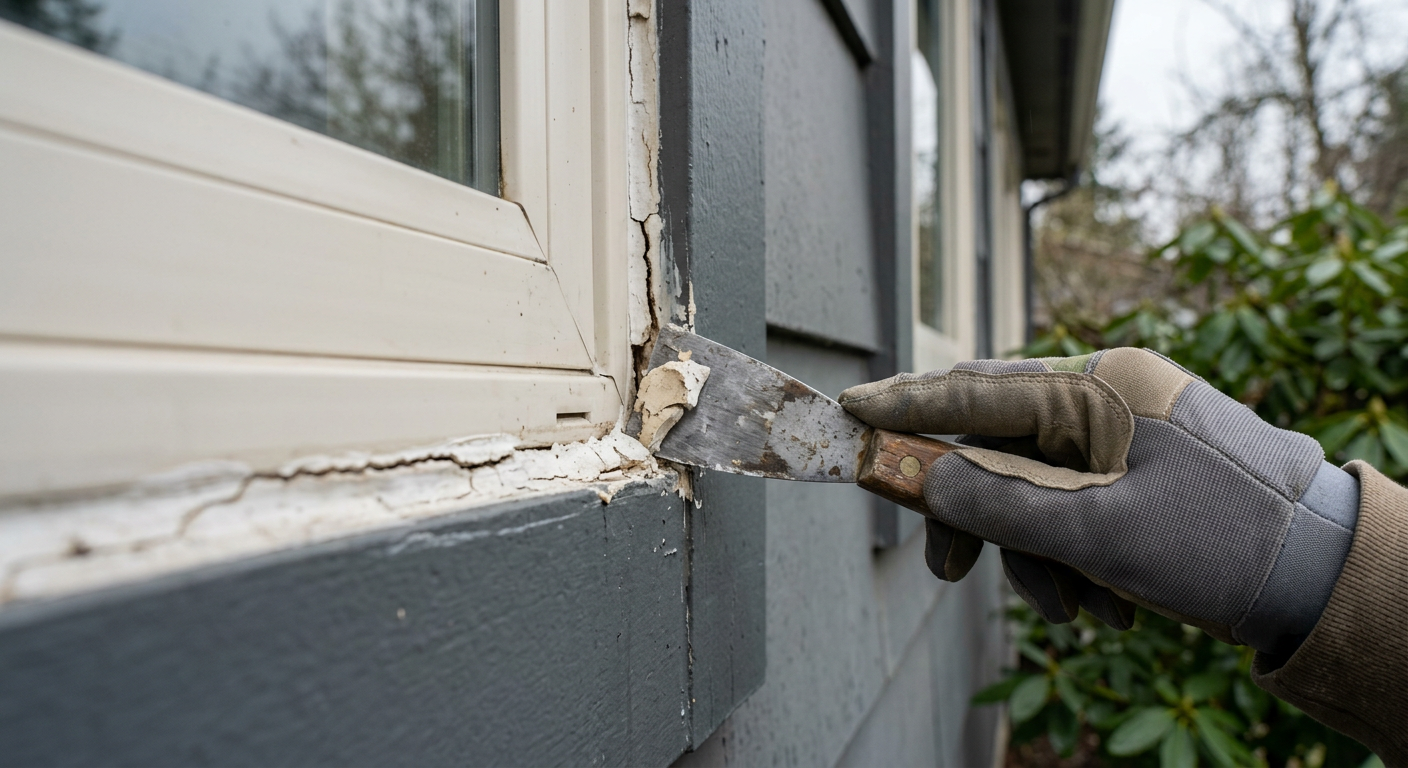 A close-up of a window frame being prepped for window repairs in Everett, WA.