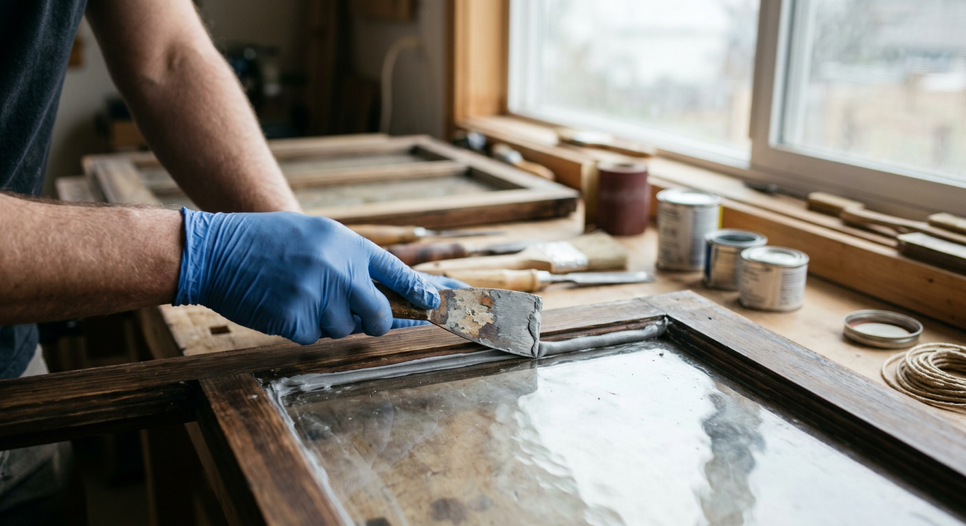 A skilled carpenter performing a window repair on a wood sash in a Newcastle, WA home.