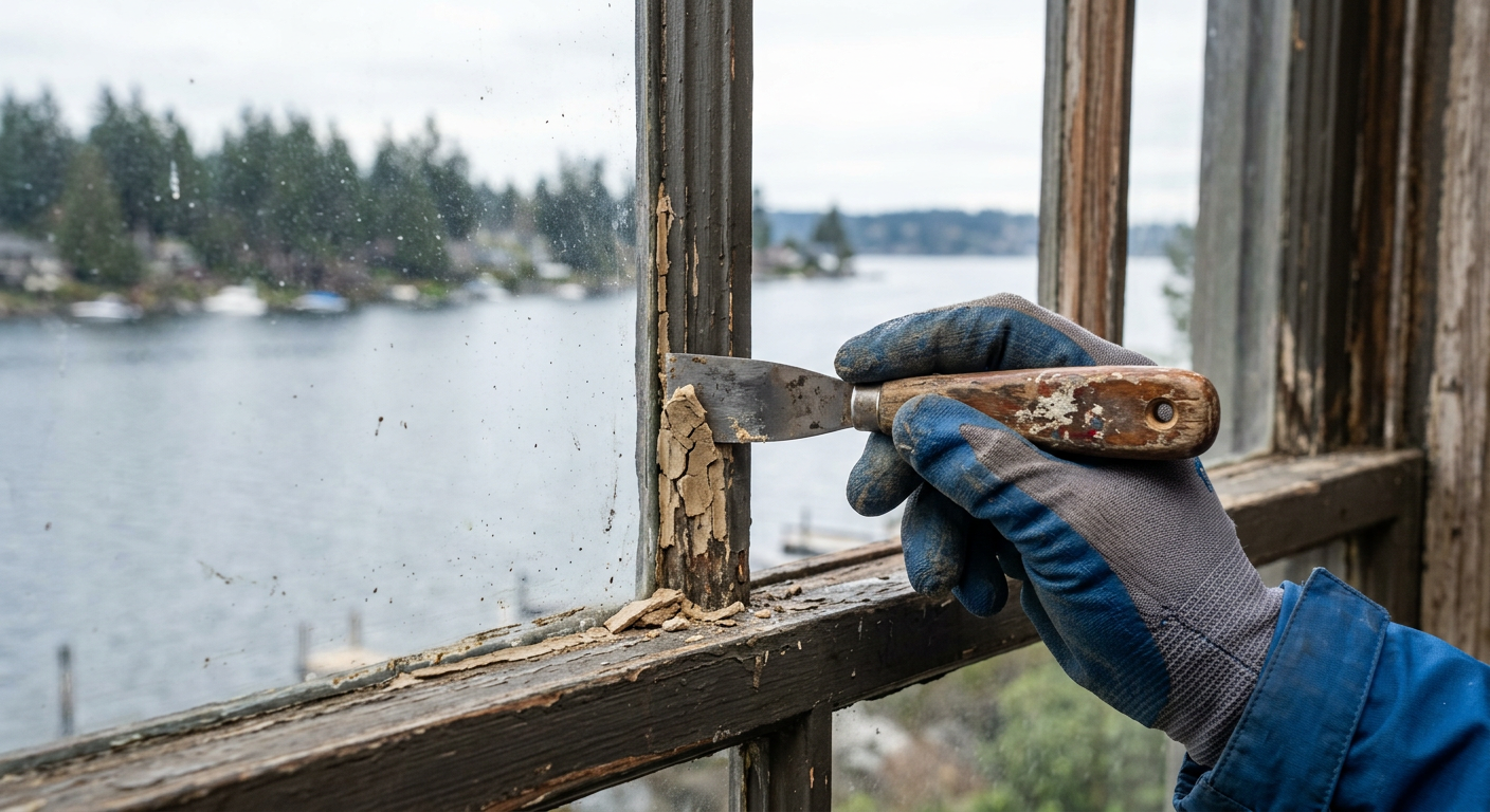 A House Spouse handyman carefully repairing a wood window sash on a waterfront home in Hunts Point, WA.