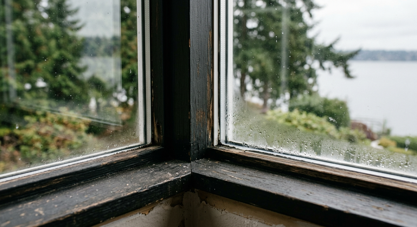 A foggy double-pane window in a Hunts Point, WA home, a sign that window repairs are needed.