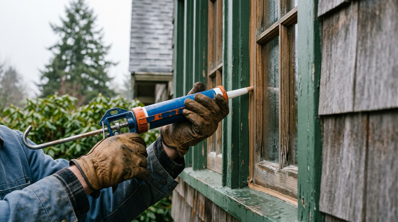 Applying new caulk during a window repair on a home in Magnolia, WA to prevent drafts.