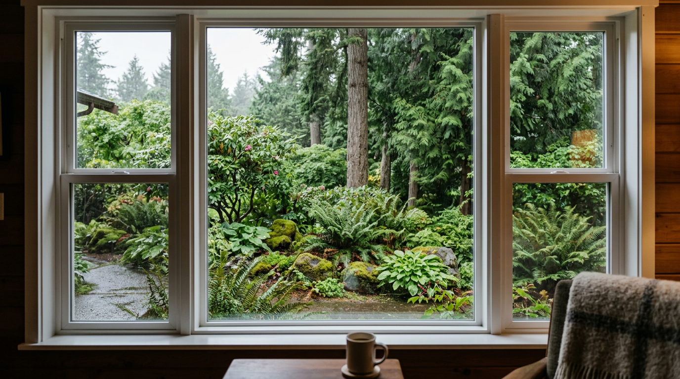 A clear view through a newly repaired window in a Magnolia, WA home, looking out at a rainy Pacific Northwest garden.