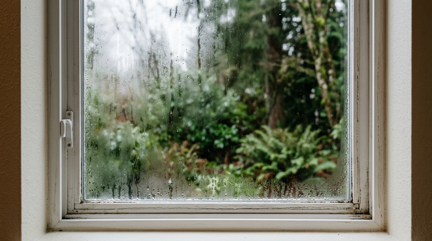 Foggy double-pane window with a failed seal in a Magnolia home, in need of repair.